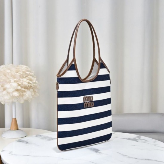 Fake Miu Miu Ivy canvas tote bag 5BG231 navy blue with white stripes Clone