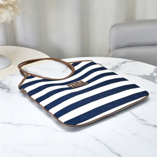 Fake Miu Miu Ivy canvas tote bag 5BG231 navy blue with white stripes Clone