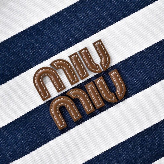 Fake Miu Miu Ivy canvas tote bag 5BG231 navy blue with white stripes Clone