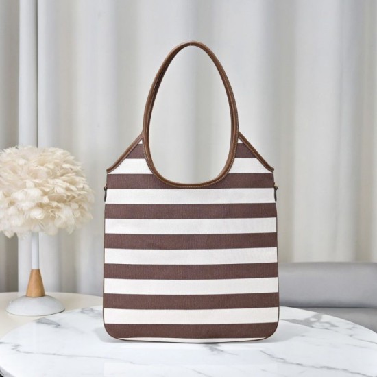 Fake Miu Miu Ivy striped canvas and leather shoulder bag 5BG231 light coffee Clone