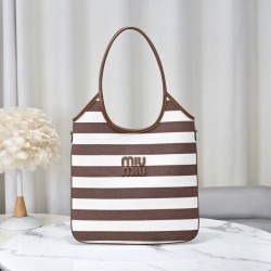 Fake Miu Miu Ivy striped canvas and leather shoulder bag 5BG231 light coffee Clone