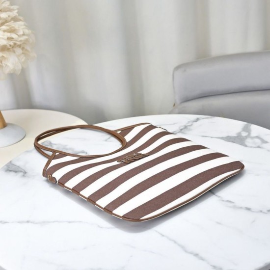 Fake Miu Miu Ivy striped canvas and leather shoulder bag 5BG231 light coffee Clone