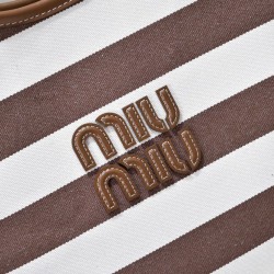 Fake Miu Miu Ivy striped canvas and leather shoulder bag 5BG231 light coffee Clone