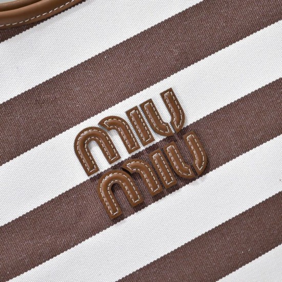 Fake Miu Miu Ivy striped canvas and leather shoulder bag 5BG231 light coffee Clone