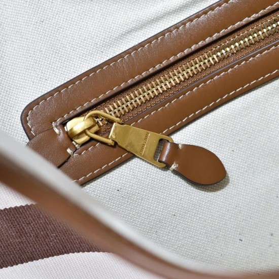 Fake Miu Miu Ivy striped canvas and leather shoulder bag 5BG231 light coffee Clone