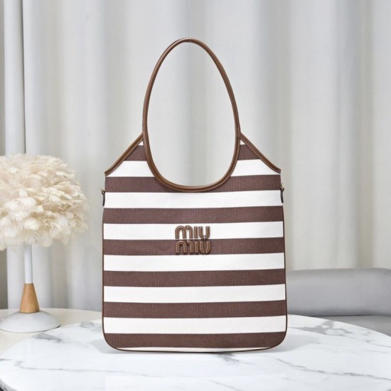 Fake Miu Miu Ivy striped canvas and leather shoulder bag 5BG231 light coffee Clone