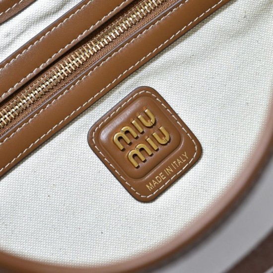 Fake Miu Miu Ivy striped canvas and leather shoulder bag 5BG231 light coffee Clone