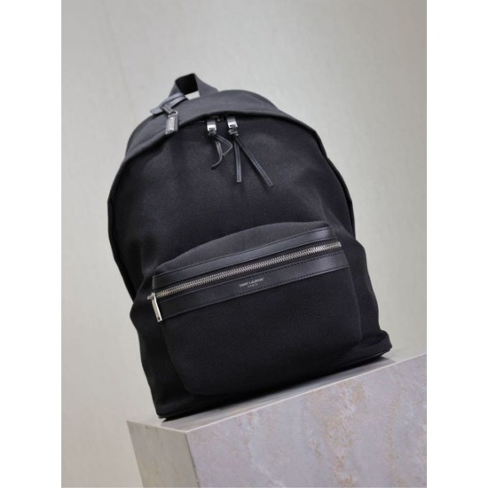 Premium Replica YSL Saint Laurent City backpack black canvas with leather trim Clone