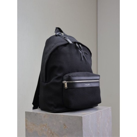 Premium Replica YSL Saint Laurent City backpack black canvas with leather trim Clone