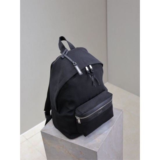 Premium Replica YSL Saint Laurent City backpack black canvas with leather trim Clone