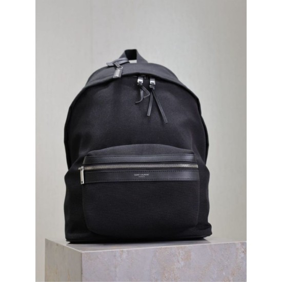 Premium Replica YSL Saint Laurent City backpack black canvas with leather trim Clone