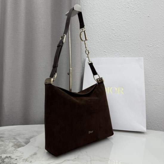 Premium Replica Medium Dior Diorly Suede Shoulder Bag Chocolate Clone