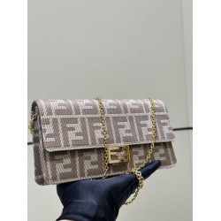 Premium Replica Fendi Baguette-Style Chain Wallet Brown FF Jacquard Clone
