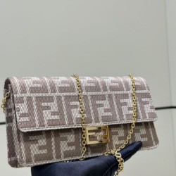 Premium Replica Fendi Baguette-Style Chain Wallet Brown FF Jacquard Clone