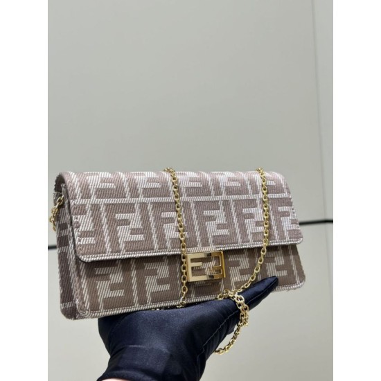 Premium Replica Fendi Baguette-Style Chain Wallet Brown FF Jacquard Clone