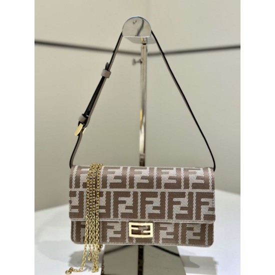 Premium Replica Fendi Baguette-Style Chain Wallet Brown FF Jacquard Clone