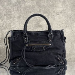 Premium Replica Balenciaga Le City bag black washed denim Clone