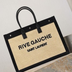 Replica YSL Saint Laurent Rive Gauche Embroidered Raffia Tote Bag Black Clone Knockoff