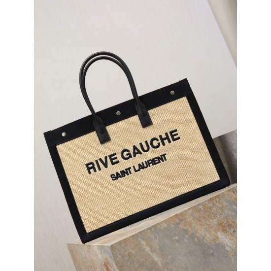 Fake YSL Saint Laurent Rive Gauche Embroidered Raffia Tote Bag Black Wholesale Replica YSL Saint Laurent Rive Gauche Embroidered Raffia Tote Bag Black Clone Knockoff