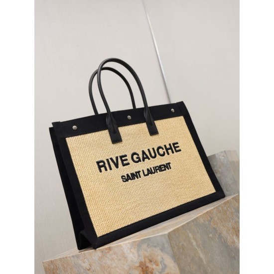 Fake YSL Saint Laurent Rive Gauche Embroidered Raffia Tote Bag Black Wholesale Replica YSL Saint Laurent Rive Gauche Embroidered Raffia Tote Bag Black Clone Knockoff
