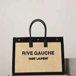 Replica YSL Saint Laurent Rive Gauche Embroidered Raffia Tote Bag Black Clone Knockoff