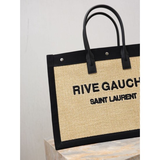 Fake YSL Saint Laurent Rive Gauche Embroidered Raffia Tote Bag Black Wholesale Replica YSL Saint Laurent Rive Gauche Embroidered Raffia Tote Bag Black Clone Knockoff