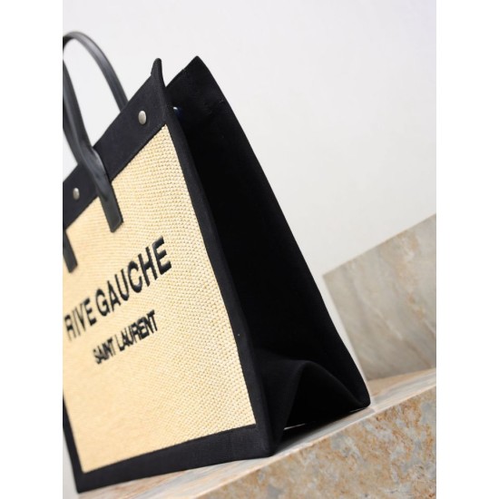 Fake YSL Saint Laurent Rive Gauche Embroidered Raffia Tote Bag Black Wholesale Replica YSL Saint Laurent Rive Gauche Embroidered Raffia Tote Bag Black Clone Knockoff