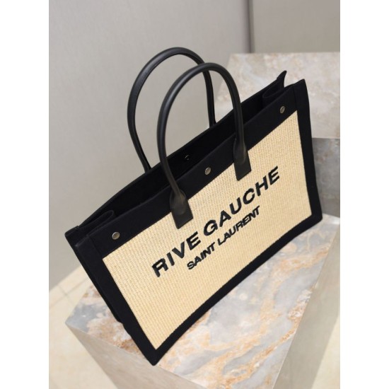 Fake YSL Saint Laurent Rive Gauche Embroidered Raffia Tote Bag Black Wholesale Replica YSL Saint Laurent Rive Gauche Embroidered Raffia Tote Bag Black Clone Knockoff