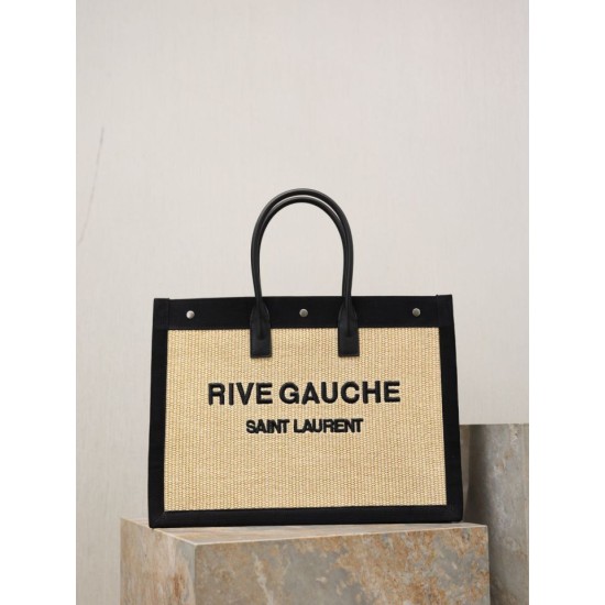 Fake YSL Saint Laurent Rive Gauche Embroidered Raffia Tote Bag Black Wholesale Replica YSL Saint Laurent Rive Gauche Embroidered Raffia Tote Bag Black Clone Knockoff