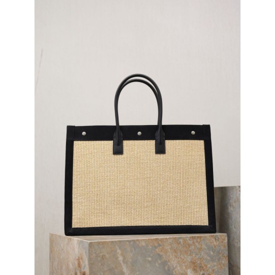 Fake YSL Saint Laurent Rive Gauche Embroidered Raffia Tote Bag Black Wholesale Replica YSL Saint Laurent Rive Gauche Embroidered Raffia Tote Bag Black Clone Knockoff