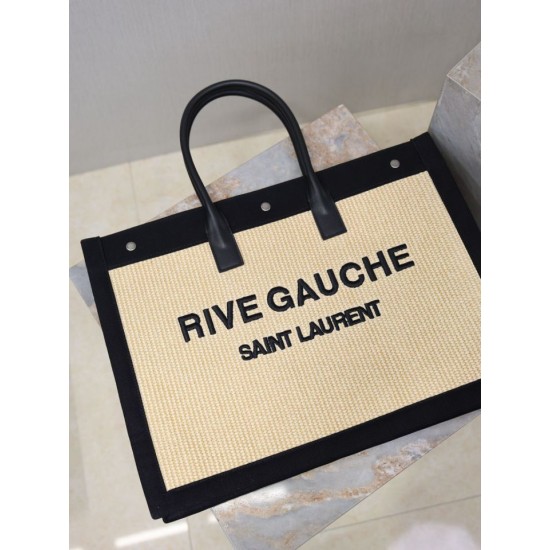 Fake YSL Saint Laurent Rive Gauche Embroidered Raffia Tote Bag Black Wholesale Replica YSL Saint Laurent Rive Gauche Embroidered Raffia Tote Bag Black Clone Knockoff