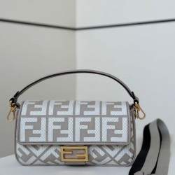 Replica Fendi Baguette FF Embroidered Classic Shoulder Bag Gray Clone Knockoff