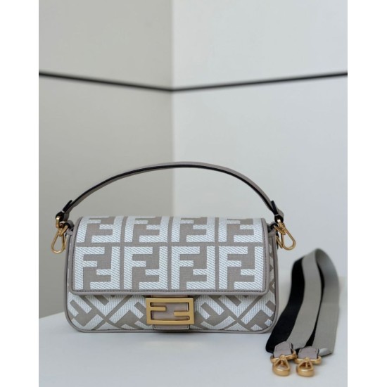 Replica Fendi Baguette FF Embroidered Classic Shoulder Bag Gray Clone Knockoff