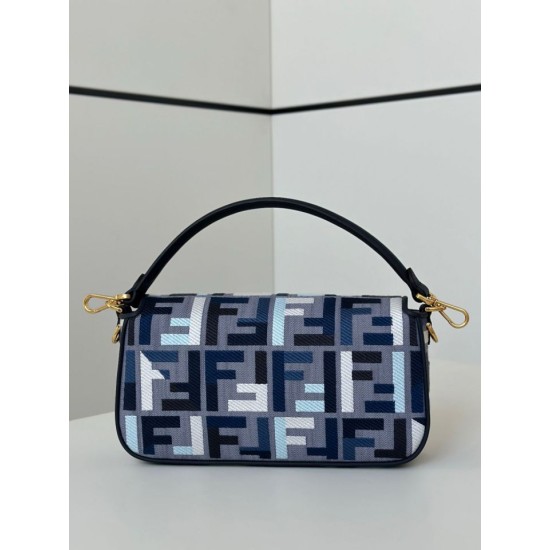 Replica Fendi Baguette FF Embroidered Classic Shoulder Bag Blue Clone Knockoff
