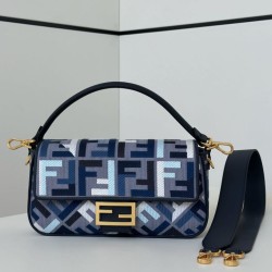 Replica Fendi Baguette FF Embroidered Classic Shoulder Bag Blue Clone Knockoff