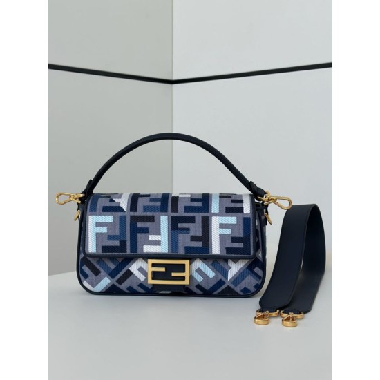 Replica Fendi Baguette FF Embroidered Classic Shoulder Bag Blue Clone Knockoff