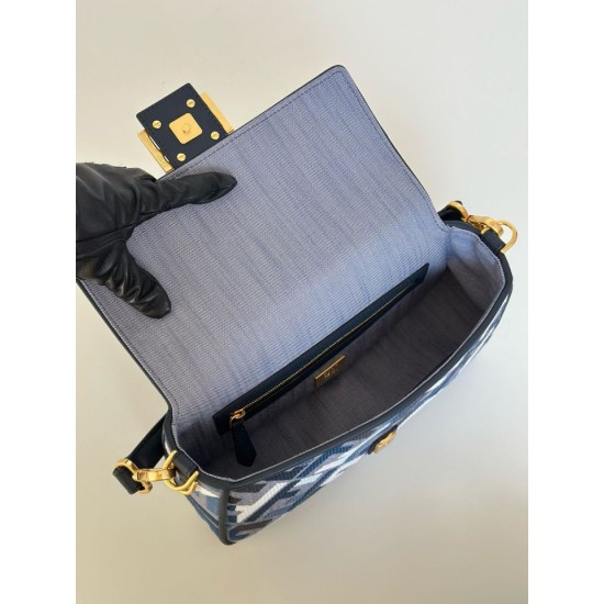 Replica Fendi Baguette FF Embroidered Classic Shoulder Bag Blue Clone Knockoff