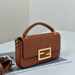 Replica Fendi Baguette Bag with Top Handle and Embossed FF Logo Brown Clone Knockoff