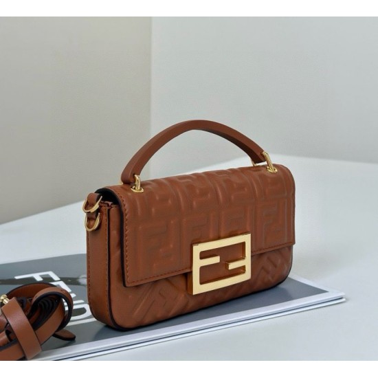 Replica Fendi Baguette Bag with Top Handle and Embossed FF Logo Brown Clone Knockoff