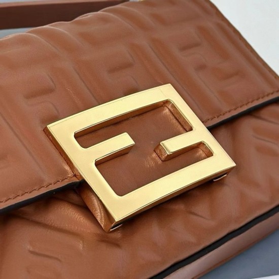 Replica Fendi Baguette Bag with Top Handle and Embossed FF Logo Brown Clone Knockoff
