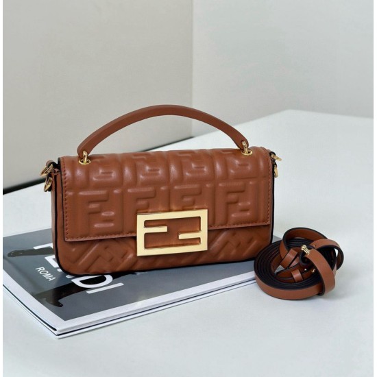 Replica Fendi Baguette Bag with Top Handle and Embossed FF Logo Brown Clone Knockoff