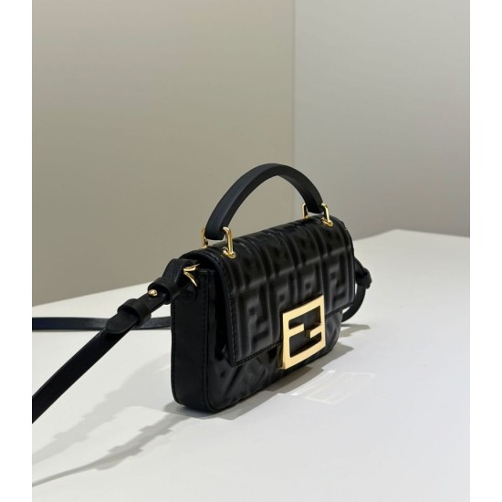 Fake Fendi Baguette Bag with Top Handle and Embossed FF Logo Black Wholesale Replica Fendi Baguette Bag with Top Handle and Embossed FF Logo Black Clone Knockoff