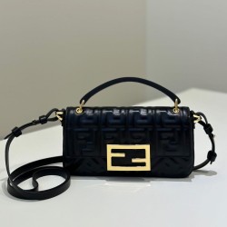 Replica Fendi Baguette Bag with Top Handle and Embossed FF Logo Black Clone Knockoff