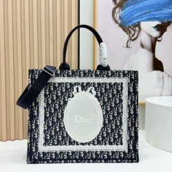 Replica Dior Book Tote Bag Small/Medium/Large with Oblique Embroidery and Shoulder Strap Black Clone Knockoff