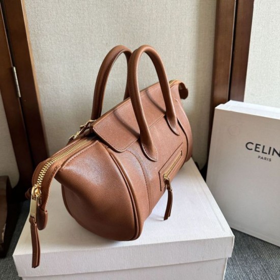 Premium Replica Celine Luggage Medium Tote Bag Soft Shiny Lambskin Brown Knockoff