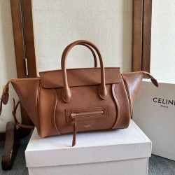 Premium Replica Celine Luggage Medium Tote Bag Soft Shiny Lambskin Brown Knockoff