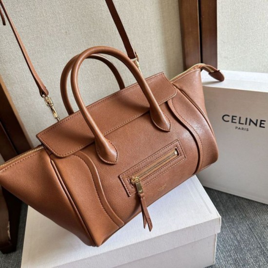 Premium Replica Celine Luggage Medium Tote Bag Soft Shiny Lambskin Brown Knockoff