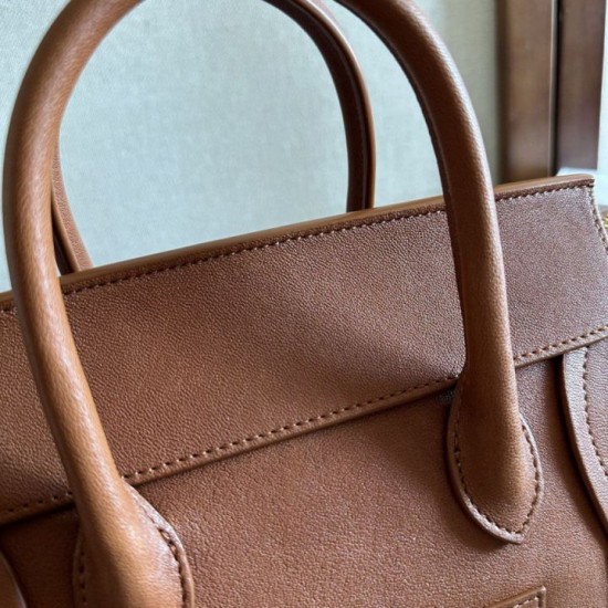 Premium Replica Celine Luggage Medium Tote Bag Soft Shiny Lambskin Brown Knockoff