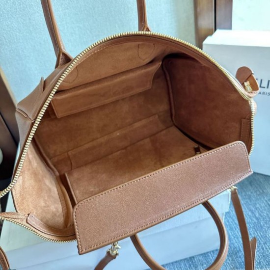 Premium Replica Celine Luggage Medium Tote Bag Soft Shiny Lambskin Brown Knockoff