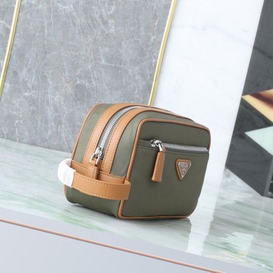 Mirror Quality Replica Prada nylon/saffiano leather travel clutch olive green Knockoff